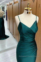 Elegant Dark Green Mermaid Spaghetti Strap Satin Long Semi Formal Prom Dress