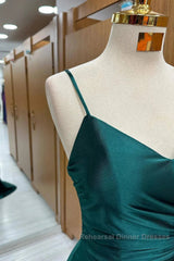 Elegant Dark Green Mermaid Spaghetti Strap Satin Long Semi Formal Prom Dress