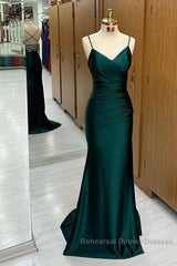 Elegant Dark Green Mermaid Spaghetti Strap Satin Long Semi Formal Prom Dress