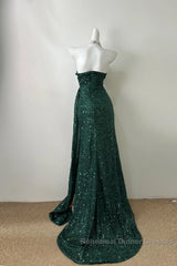 Elegant Dark Green Sweetheart Neck Mermaid Long Semi Formal Prom Dress Sequin Strapless Formal Evening Dress
