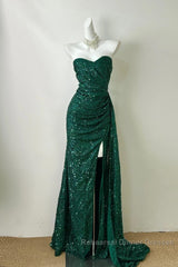 Elegant Dark Green Sweetheart Neck Mermaid Long Semi Formal Prom Dress Sequin Strapless Formal Evening Dress