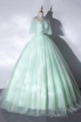Elegant Green A-Line Princess Semi Formal Prom Dress, A-Line Lace Evening Party Dress