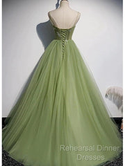 Elegant Green Tulle Spaghetti Straps A-Line Long Semi Formal Prom Dresses Formal Dress,