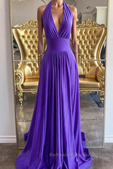 Elegant Halter Neck Backless Purple Long Semi Formal Prom Dresses, Backless Purple Formal Graduation Evening Dresses