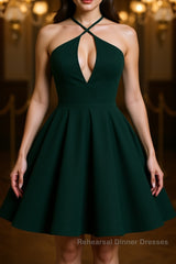 Elegant Halter Neck Dark Green Short Semi Formal Prom Dresses, Dark Green Formal Graduation Homecoming Dresses