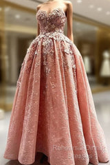 Elegant Handmade Flower Sweetheart Pink Lace Semi Formal Prom Dresses