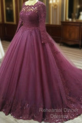 Elegant Lace Long Sleeves Semi Formal Prom Ball Gown Dresses