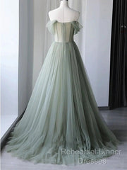 Elegant Light Green A-Line Tulle Off The Shoulder Long Semi Formal Prom Dress Evening Dress,