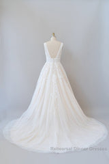 Elegant Long A-line V-neck Appliques Lace Tulle Backless Wedding Dresses