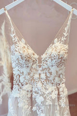Elegant Long A-line V-neck Tulle Appliques Lace Open Back Wedding Dresses