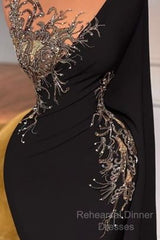 Elegant Long Black Mermaid Beading Lace Semi Formal Prom Dresses