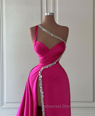 Elegant Long Fuchsia One Shoulder Jewels Sleeveless Semi Formal Prom Dresses Long Slit Online