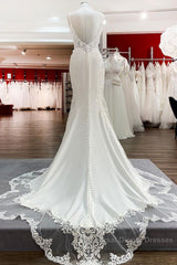 Elegant Long Mermaid Spaghetti Straps Lace Satin Open Back Wedding Dresses