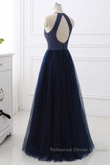 Elegant Navy Blue Halter Beaded Long Evening Dress, Beautiful Semi Formal Prom Dress