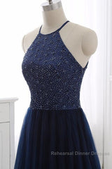 Elegant Navy Blue Halter Beaded Long Evening Dress, Beautiful Semi Formal Prom Dress