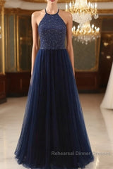 Elegant Navy Blue Halter Beaded Long Evening Dress, Beautiful Semi Formal Prom Dress