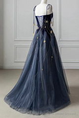 Elegant Navy Blue Spaghetti Strap Long Prom Dress with Star