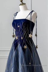 Elegant Navy Blue Spaghetti Strap Long Semi Formal Prom Dress With Star