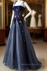 Elegant Navy Blue Spaghetti Strap Long Semi Formal Prom Dress With Star