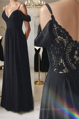 Elegant Off the Shoulder Black Long Semi Formal Prom Dresses with Lace Back, Off Shoulder Black Lace Formal Evening Dresses