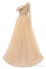 Elegant One Shoulder Beige Prom Dresses Sheer Beading Lace Formal Dresses