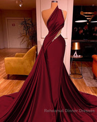 Elegant One Shoulder Mermaid Semi Formal Prom Dress Long Pleated with Beads