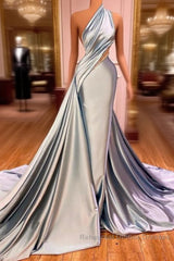 Elegant One Shoulder Mermaid Semi Formal Prom Dress Long Pleated with Beads