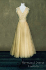 Elegant Pleated Tulle Midi Semi Formal Prom Party Dresses