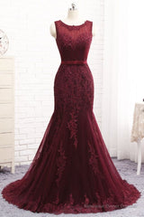 Elegant Scoop Sleeveless Tulle Mermaid Appliques Sequins Zipper Prom Dresses