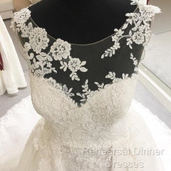 Elegant Sheer Lace Appliques Neckline Court Train Princess Wedding Dresses