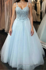 Elegant Spaghetti Straps Backless Long Blue Lace Semi Formal Prom Dresses, Backless Blue Lace Formal Graduation Evening Dresses