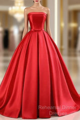 Elegant Strapless Ball Gown Red Semi Formal Prom Dress With Bow