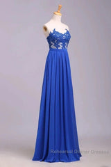 Elegant Strapless Chiffon Evening Lace Appliques Long Semi Formal Prom Dress Royal Blue