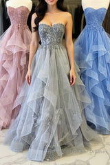 Elegant sweetheart tulle lace long Semi Formal Prom Dresses tulle formal Dresses