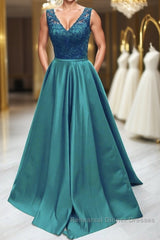 Elegant V Neck Green Lace Long Semi Formal Prom Dresses, Green Lace Formal Graduation Evening Dresses