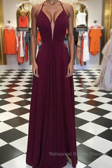 Elegant V Neck Open Back Burgundy Semi Formal Prom Dresses, Open Back Burgundy Formal Dresses, Long Burgundy Evening Dresses