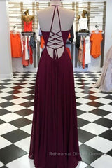 Elegant V Neck Open Back Burgundy Semi Formal Prom Dresses, Open Back Burgundy Formal Dresses, Long Burgundy Evening Dresses