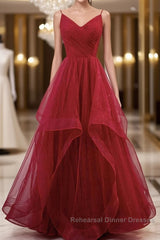 Elegant V Neck Open Back Sequins Burgundy Long Semi Formal Prom Dresses, Shiny Burgundy Formal Dresses, Fluffy Burgundy Evening Dresses