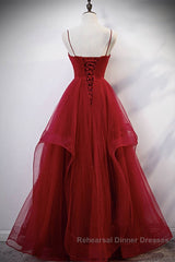 Elegant V Neck Open Back Sequins Burgundy Long Semi Formal Prom Dresses, Shiny Burgundy Formal Dresses, Fluffy Burgundy Evening Dresses