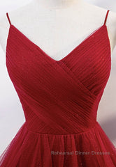 Elegant V Neck Open Back Sequins Burgundy Long Semi Formal Prom Dresses, Shiny Burgundy Formal Dresses, Fluffy Burgundy Evening Dresses