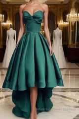 Emerald Green High Low Satin Semi Formal Prom Dresses, Emerald Green High Low Formal Graduation Dresses