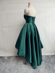 Emerald Green High Low Satin Semi Formal Prom Dresses, Emerald Green High Low Formal Graduation Dresses