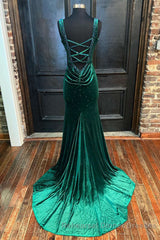 Emerald Velvet V-Neck Cutout Back Mermaid Long Semi Formal Prom Dress