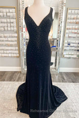 Emerald Velvet V-Neck Cutout Back Mermaid Long Semi Formal Prom Dress
