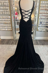 Emerald Velvet V-Neck Cutout Back Mermaid Long Semi Formal Prom Dress