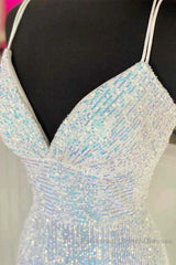 Empire Mermaid White Sequin V-Neck Semi Formal Prom Dress