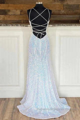 Empire Mermaid White Sequin V-Neck Semi Formal Prom Dress