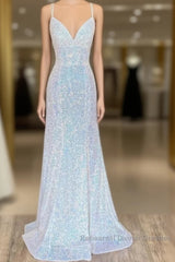 Empire Mermaid White Sequin V-Neck Semi Formal Prom Dress