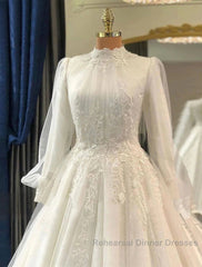 Engagement Vintage 1940S / 1950S Formal Wedding Dresses Ball Gown High Neck Long Sleeve Court Train Lace Bridal Gowns With Pleats Appliques