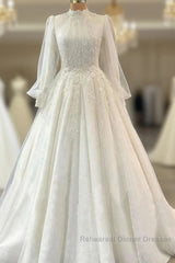 Engagement Vintage 1940S / 1950S Formal Wedding Dresses Ball Gown High Neck Long Sleeve Court Train Lace Bridal Gowns With Pleats Appliques